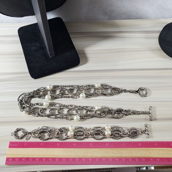 Premier Designs Demi Parure 3 Strand Chunky Chain Pearl Necklace Bracelet Set - Picture 5 of 11